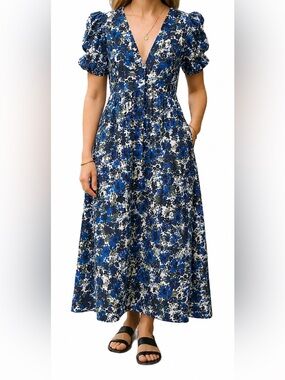 Farylina Floral Blue V-Neck Front Slit Maxi Dress - NWOT - Size XL